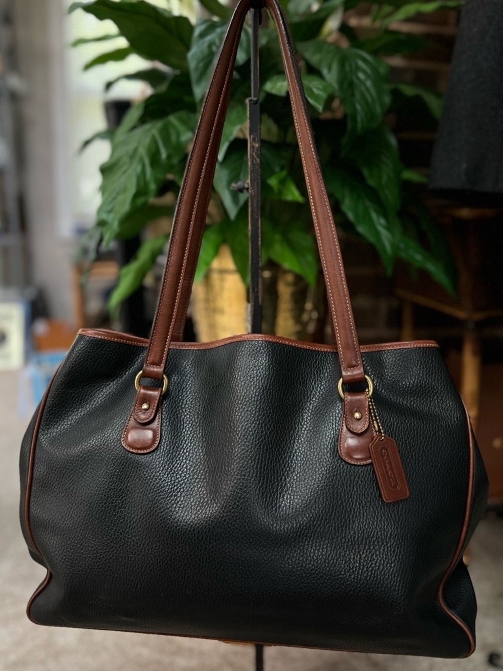 Rare Coach Carryall Italian Black Leather with Brown Trim
